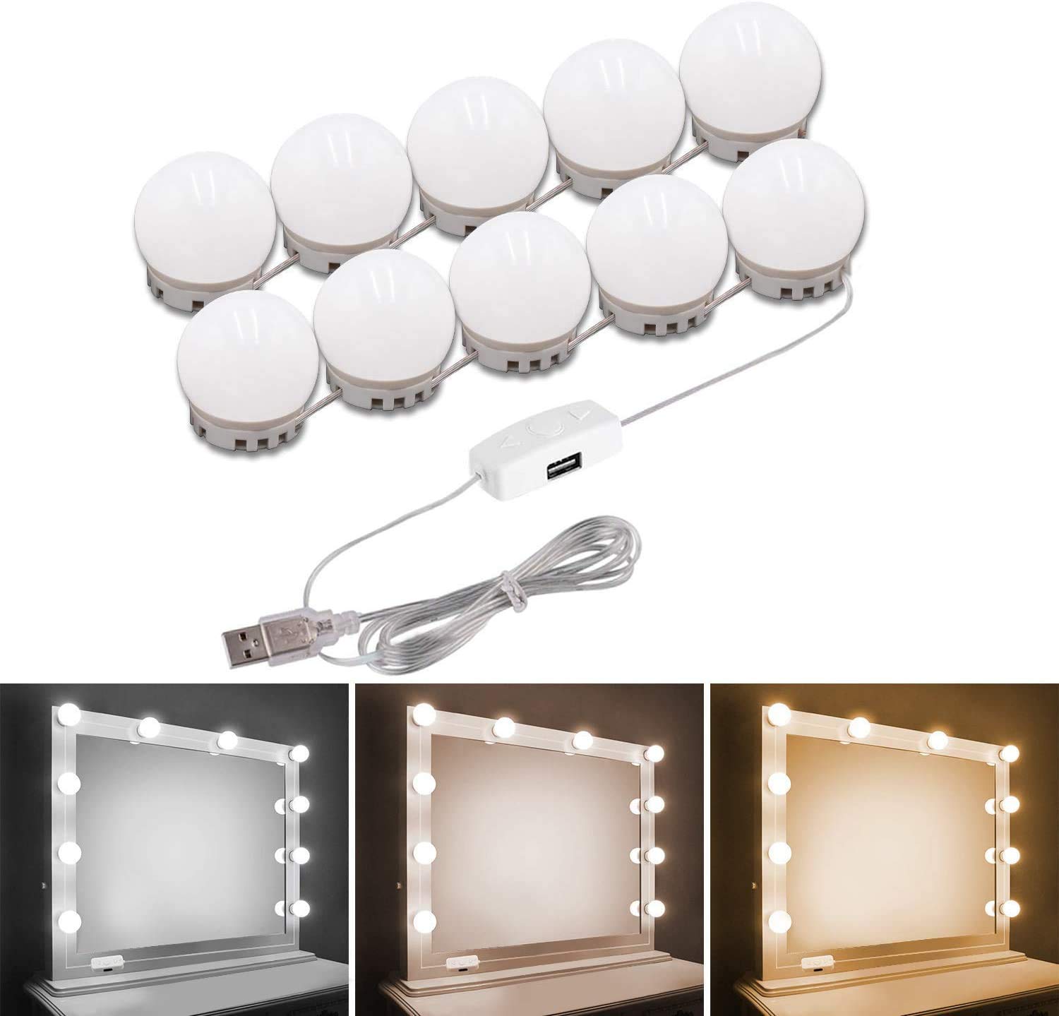Auslese Makeup Mirror Dimmable usb LED Bulb Set of 10 Bulbs Lights for LED  Vanity Mirror with 3 Colour Modes & 10 Adjustable Brightness With Easy