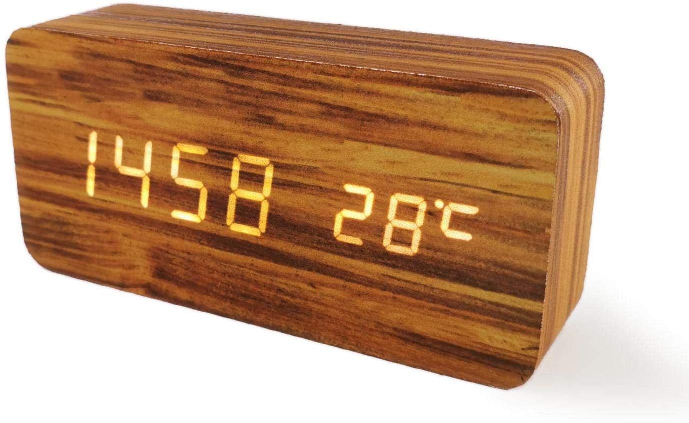 Digital Alarm Clock, with Wooden Electronic LED Time Display, 3-Alarm  Settings, Humidity and Temperature Detect