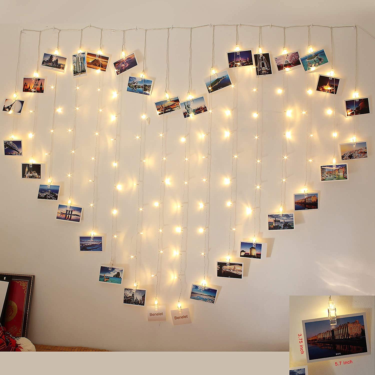 AusleseHeart Shape 124 String Lights 32 Photo Clip Lights and 92 LED